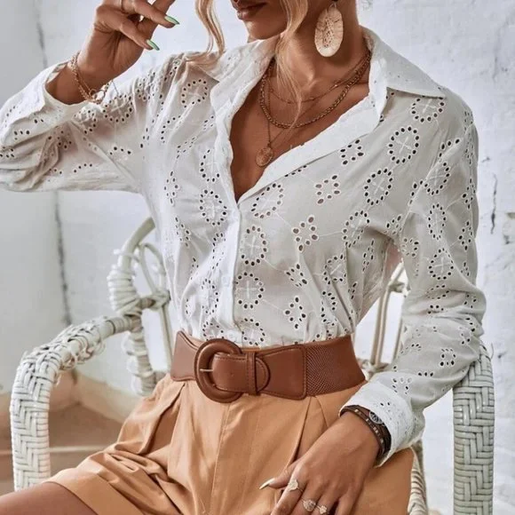 Embroiderd Button Down Blouse top white - Picture 3 of 6